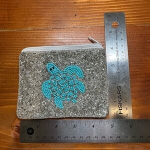 Beaded Turtle Zip Coin Purse - Turquoise Bead Accent
